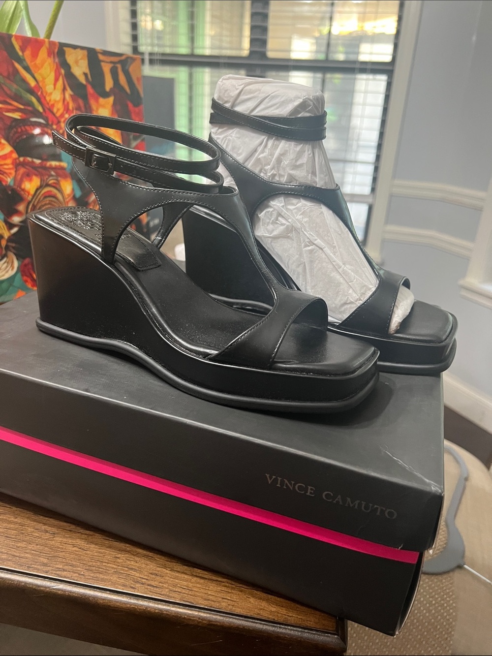 Vince Camuto Black Leather Wedge Sandals with Ankle Straps